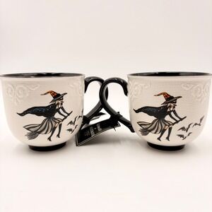 Cobwebs & Cauldrons Halloween Witch Mugs Set of 2 White Black Embossed Ceramic
